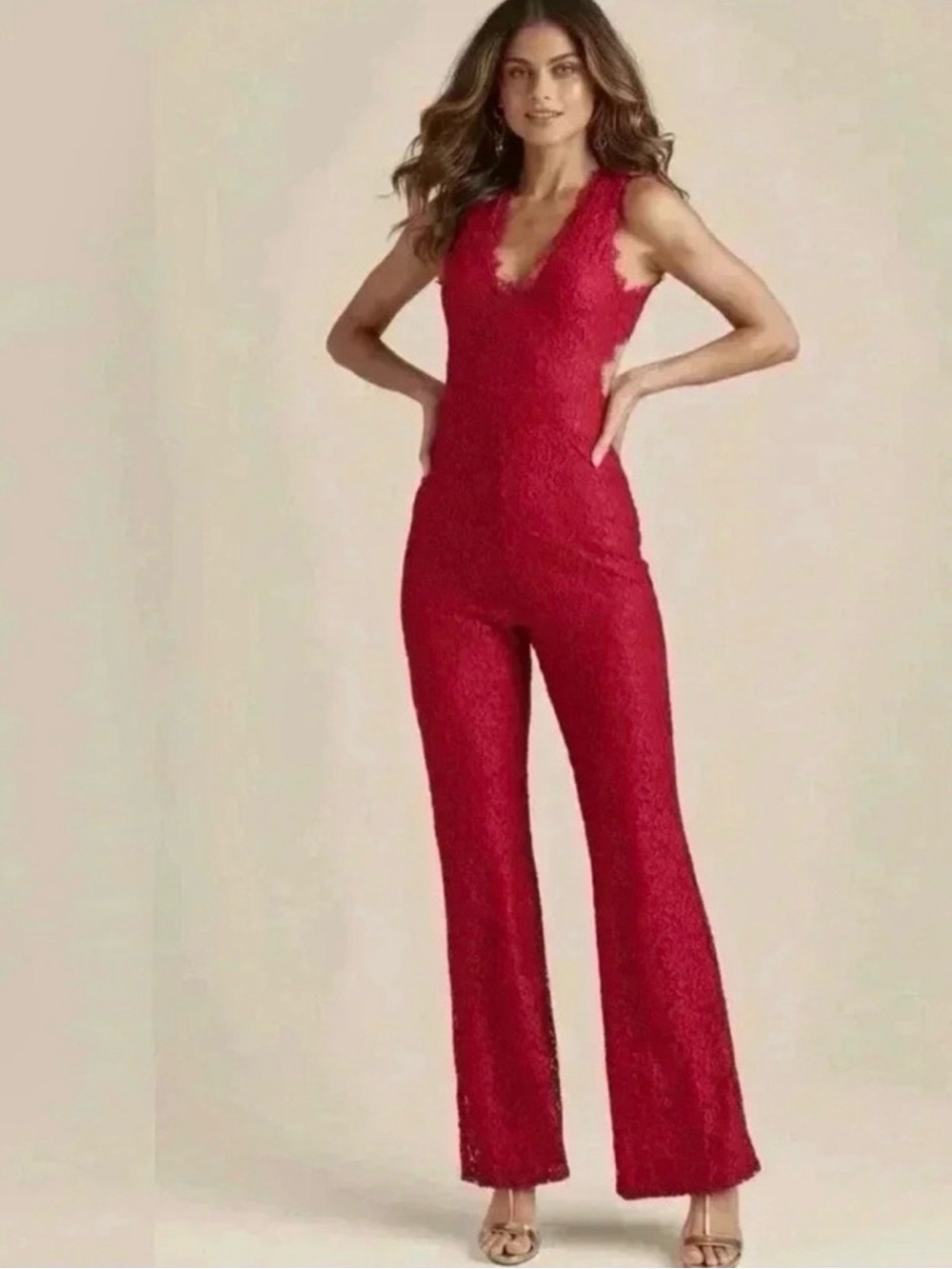 VENUS Red Lace V-Neck Wide-Leg Jumpsuit